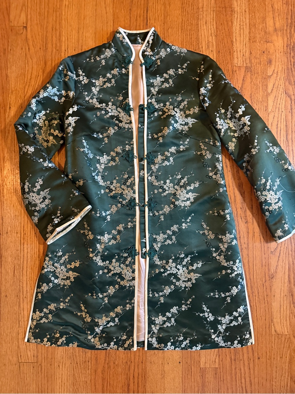 Vintage Green Floral Satin Trench Coat